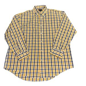 Lands End Mens Button Down Long Sleeve Navy Yellow Plaid Size 17-33 Berkeley
